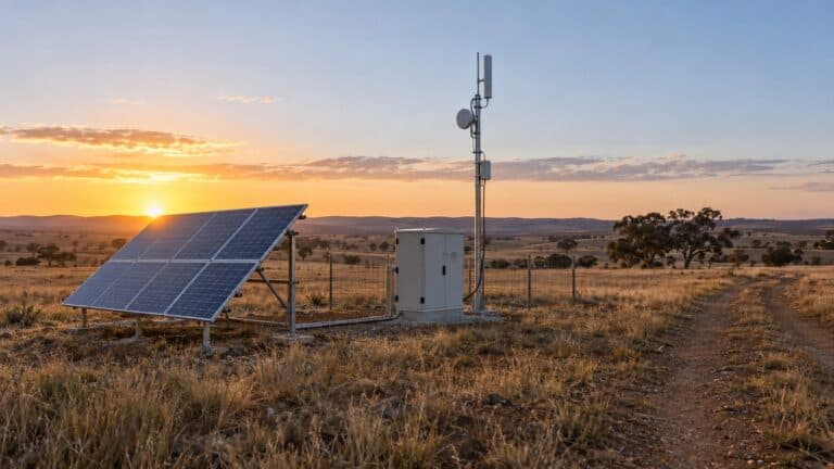 Remote solar-powered telemetry site with battery enclosure and cellular antenna in a dry Australian landscape.