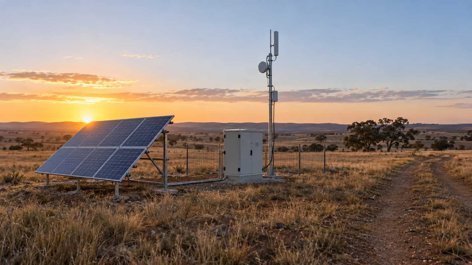 Remote solar-powered telemetry site with battery enclosure and cellular antenna in a dry Australian landscape.