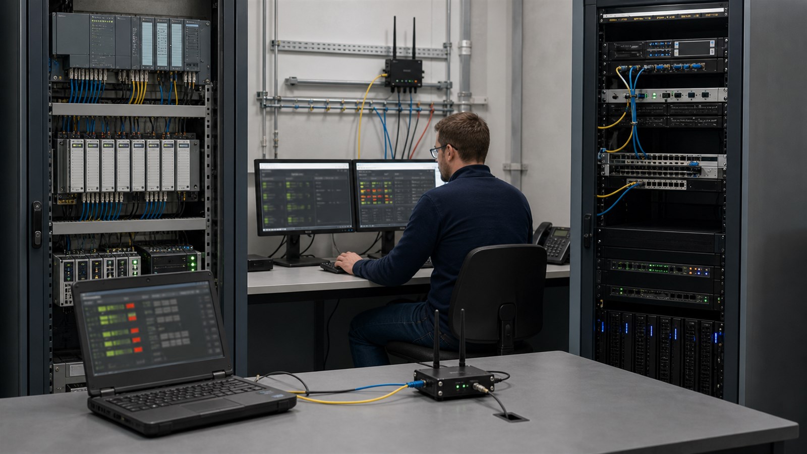 An engineer reviews secure remote-access settings on a laptop between separated industrial and enterprise network racks.