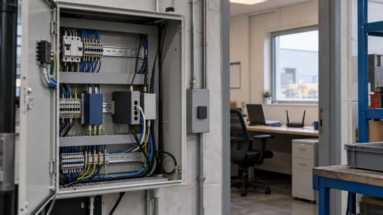 Industrial cellular networking equipment installed in a control cabinet beside an office router.