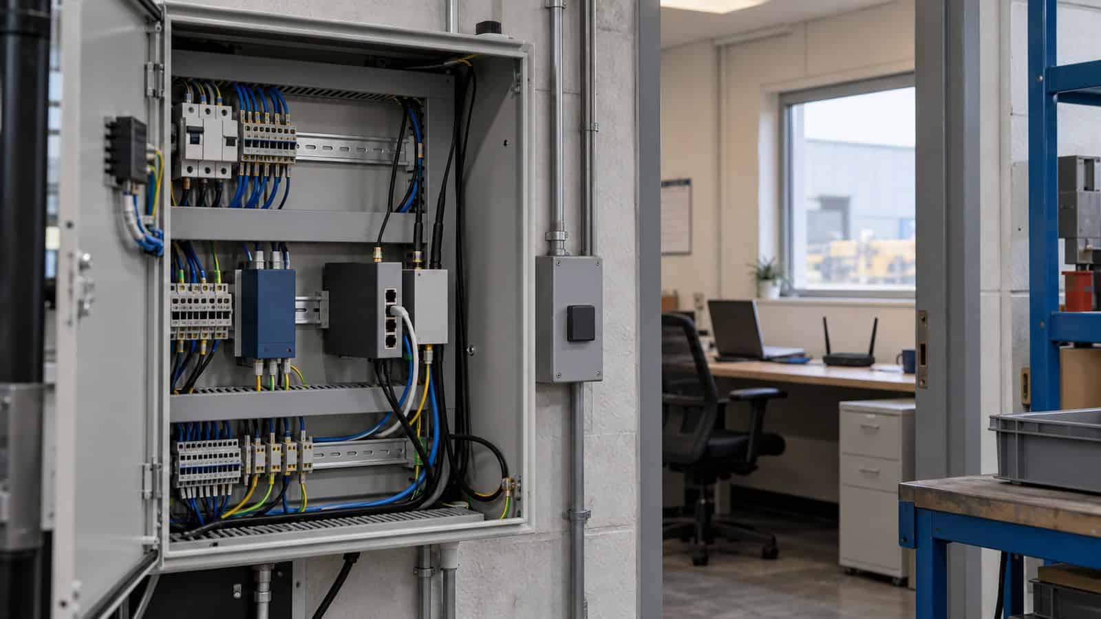 Industrial cellular networking equipment installed in a control cabinet beside an office router.