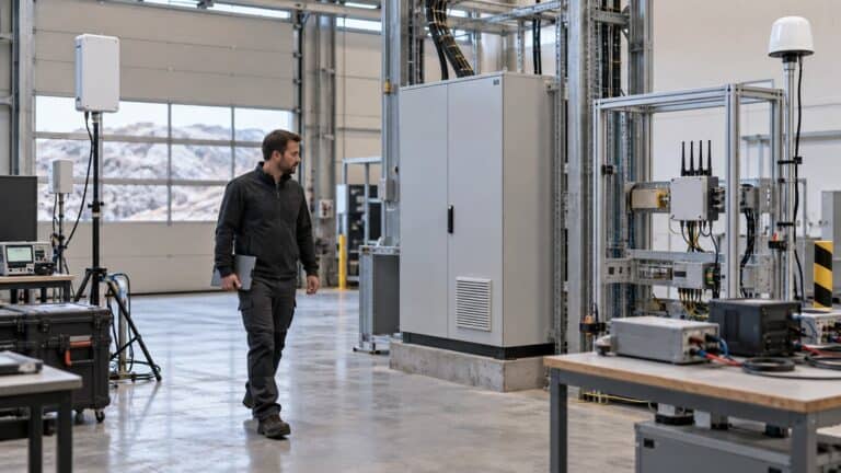 Engineer inspecting cellular networking equipment during a rugged 5G router qualification test.