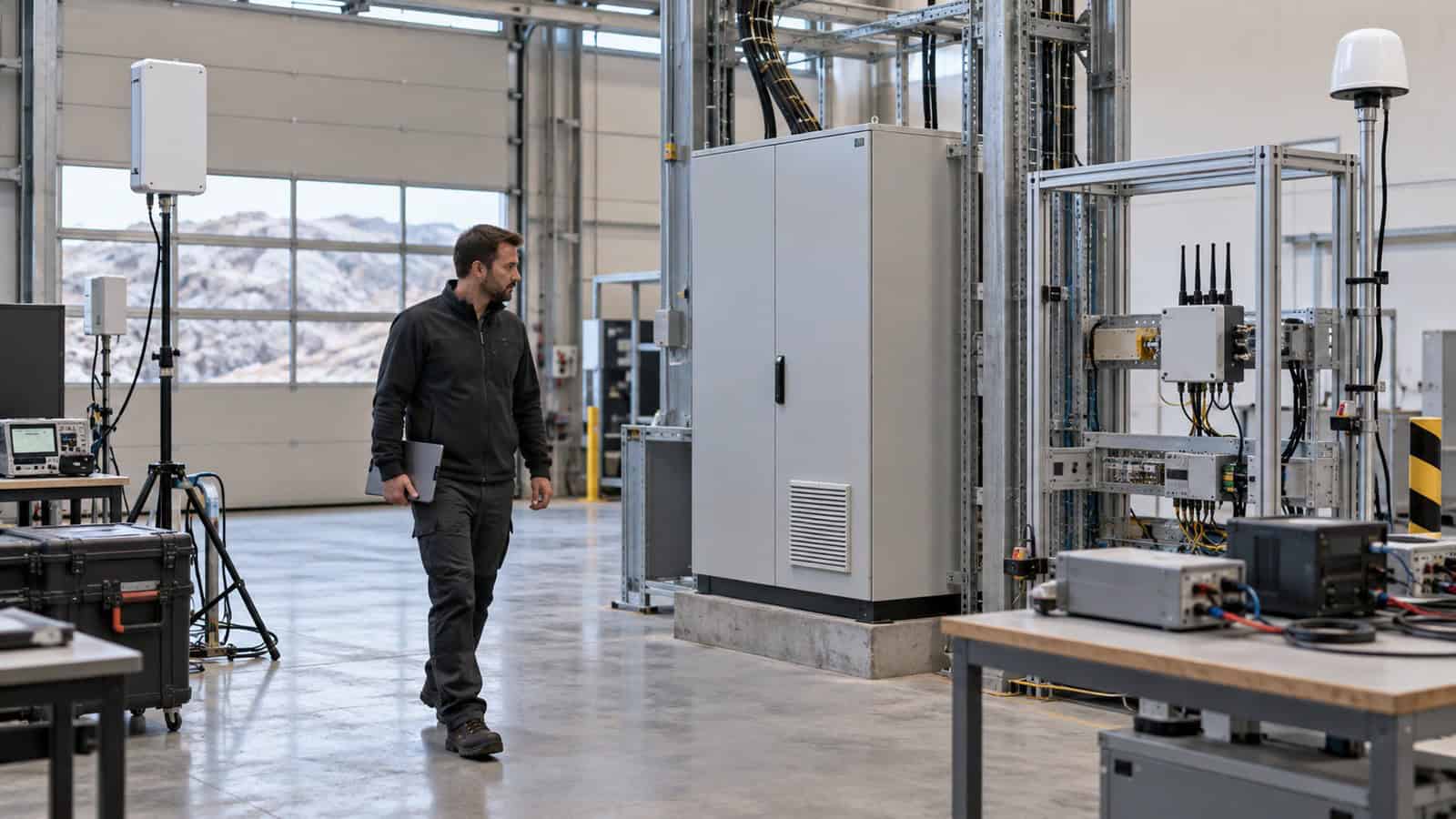 Engineer inspecting cellular networking equipment during a rugged 5G router qualification test.