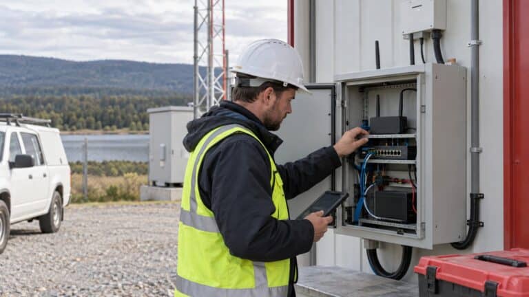 Field engineer checking a 5G backup router installation at a remote service site.