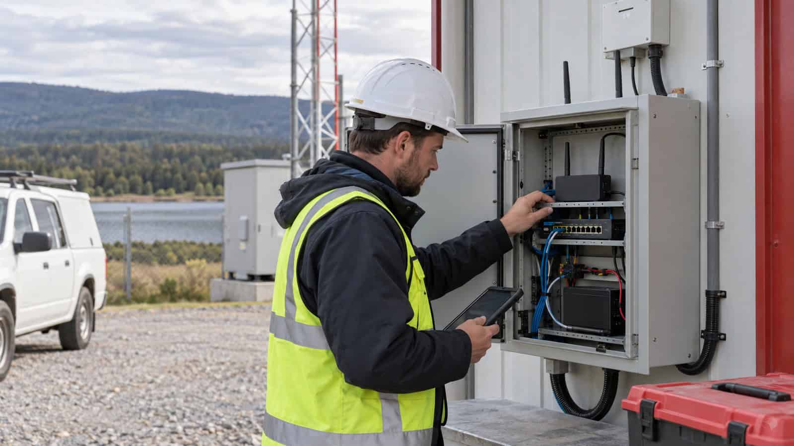 Field engineer checking a 5G backup router installation at a remote service site.