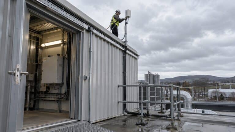 Technician installing an external antenna for an industrial 5G router at a remote site.
