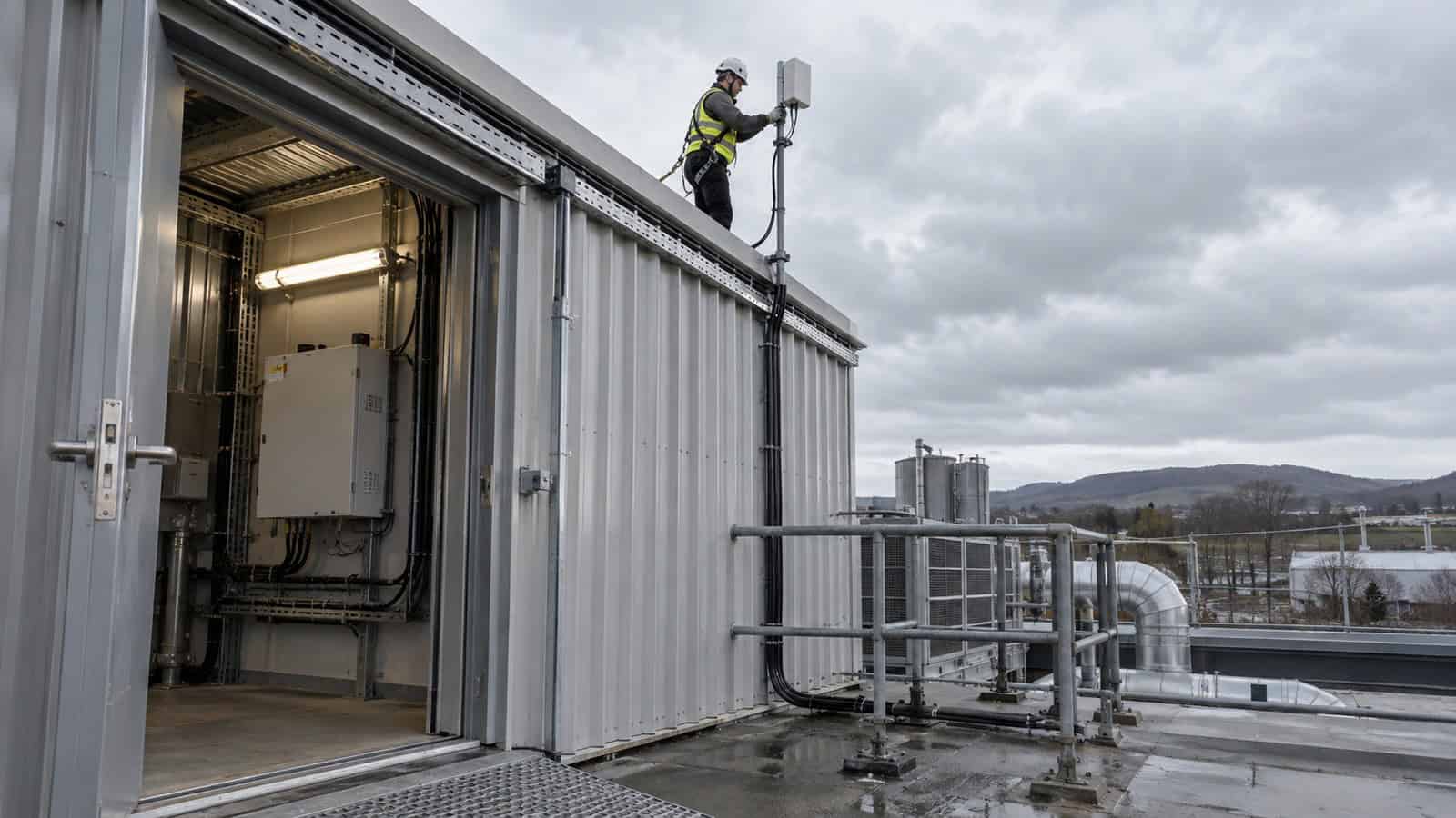 Technician installing an external antenna for an industrial 5G router at a remote site.