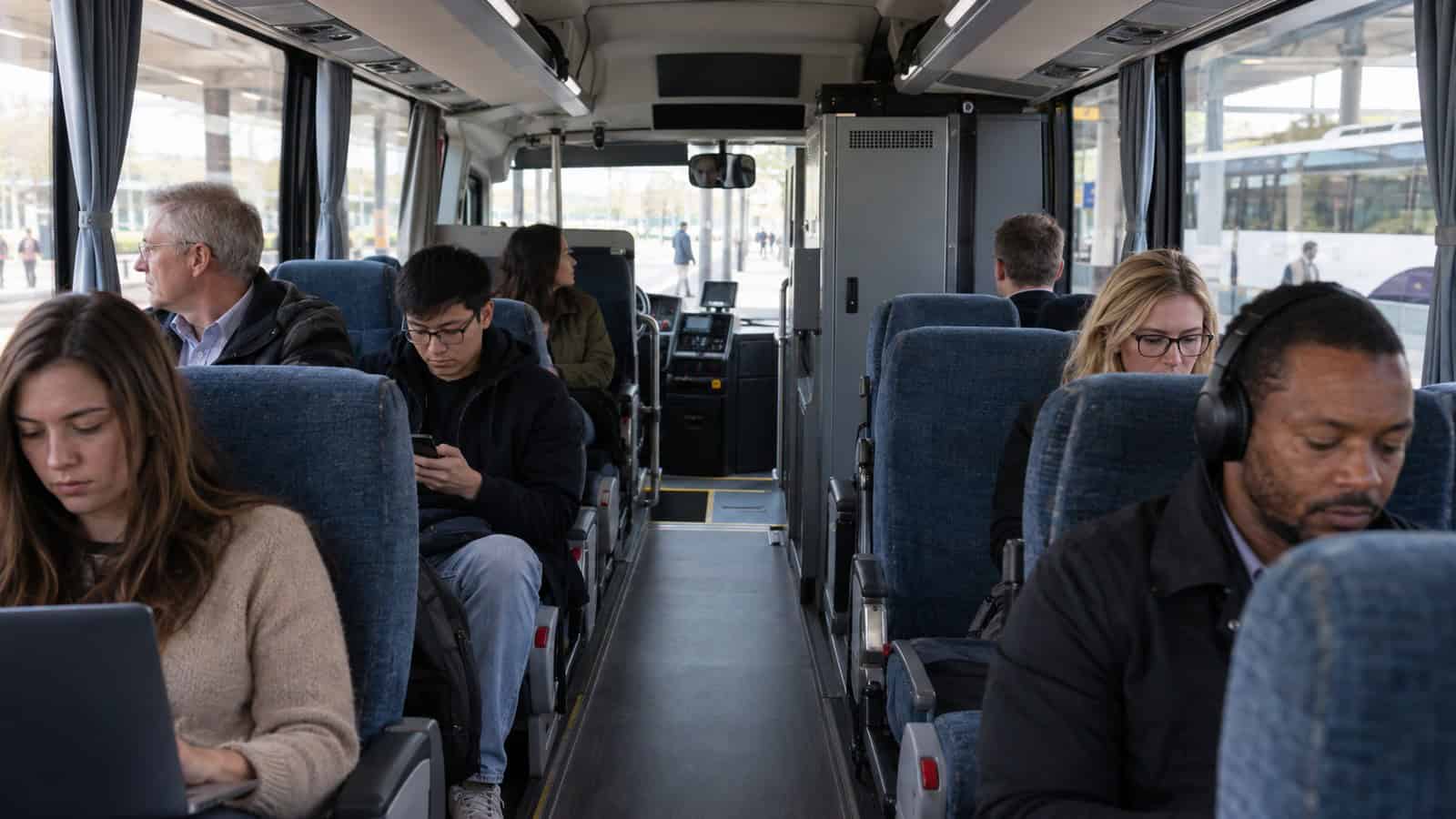 Passengers using wireless connectivity inside a connected public transport vehicle.
