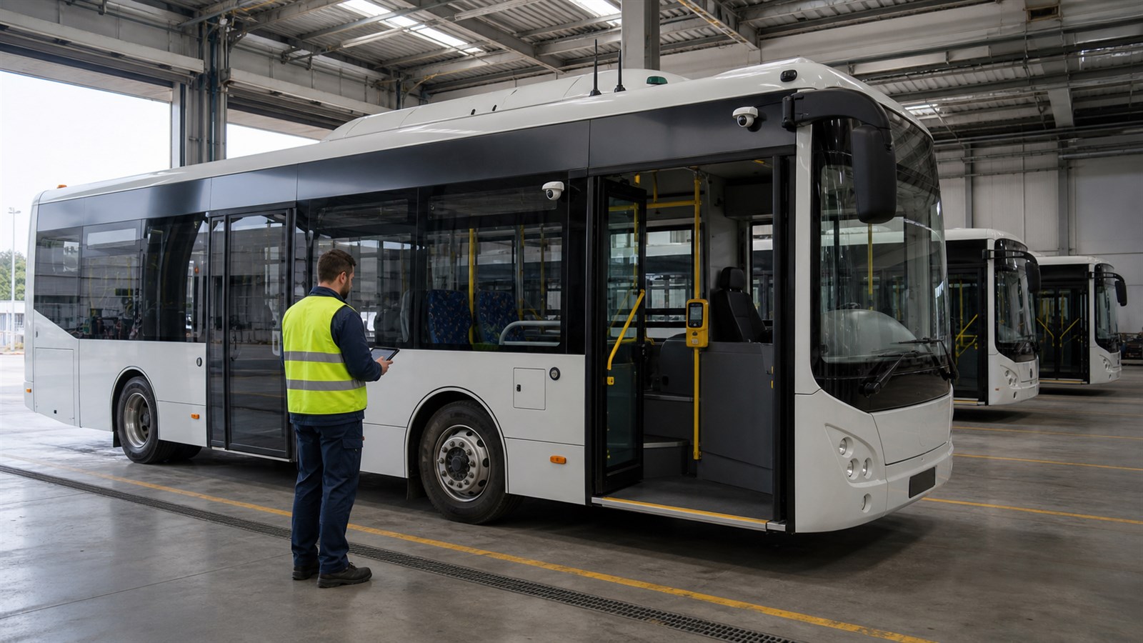 A technician inspects a connected city bus in a maintenance depot, with roof antennas and onboard cameras visible.
