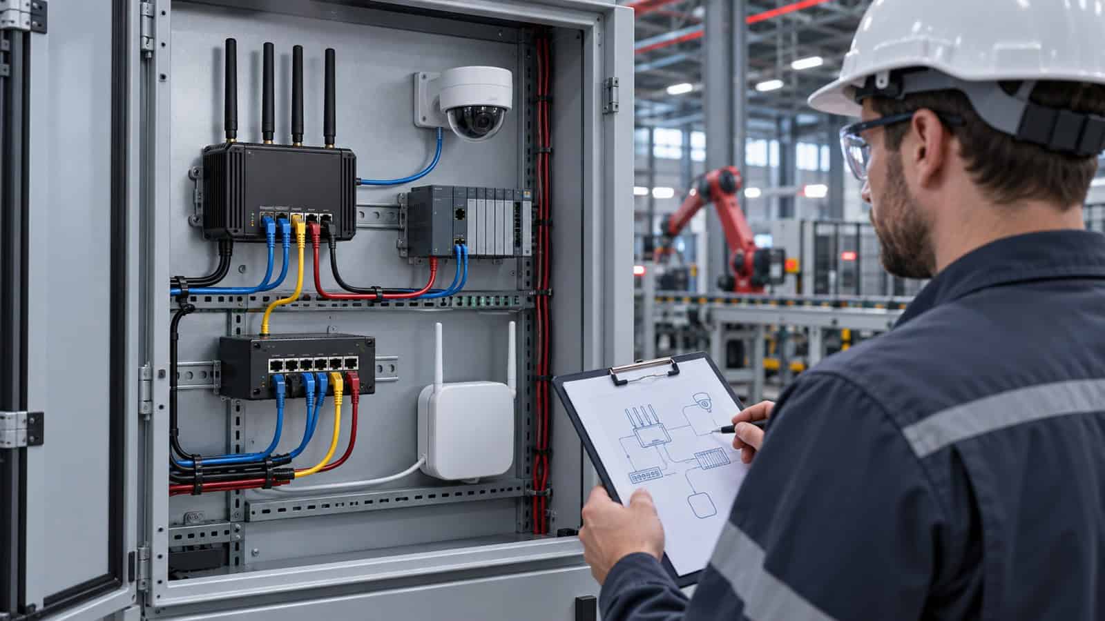 Industrial 5G router connecting cameras, a controller and an Eth