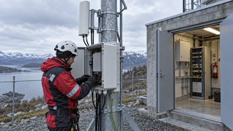 Technician servicing a weatherproof cellular enclosure beside a protected indoor communications room.