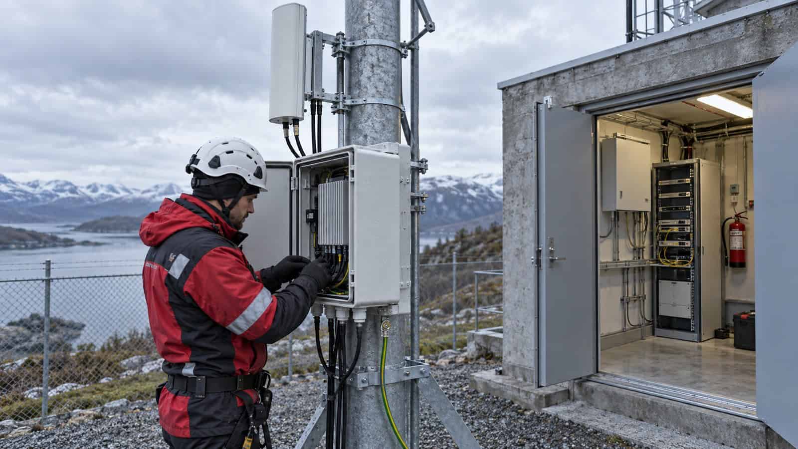 Technician servicing a weatherproof cellular enclosure beside a protected indoor communications room.