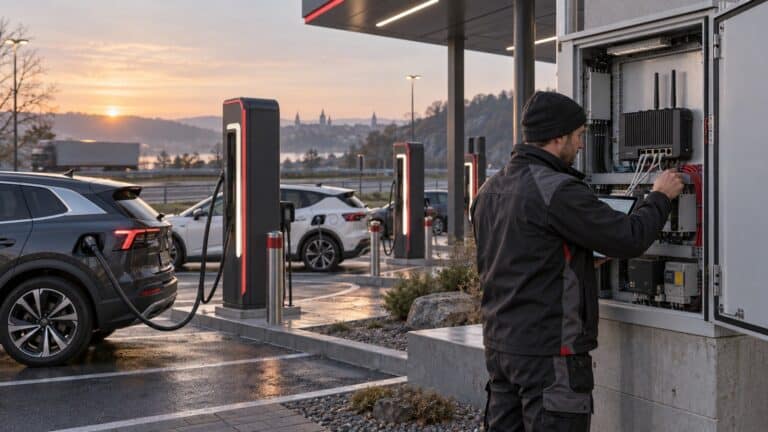 Technician maintaining a protected communications cabinet at a modern electric vehicle charging hub.