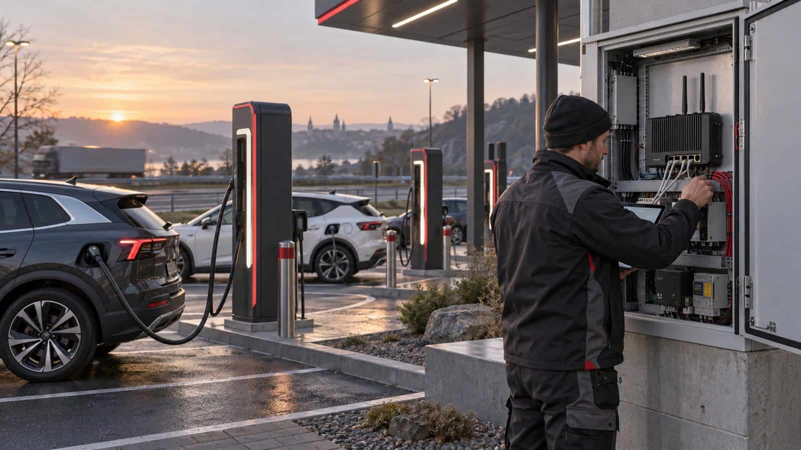 Technician maintaining a protected communications cabinet at a modern electric vehicle charging hub.