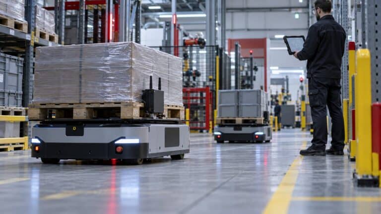 Autonomous mobile robots moving pallets through a factory while an engineer checks the operating route.