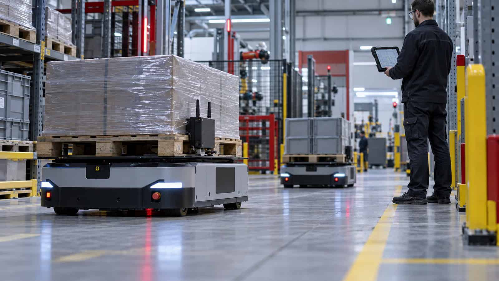 Autonomous mobile robots moving pallets through a factory while an engineer checks the operating route.