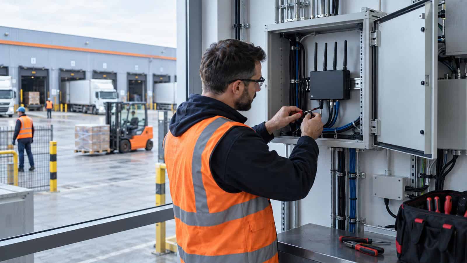 Engineer inspecting an industrial cellular router cabinet beside the loading yard of a distribution warehouse.