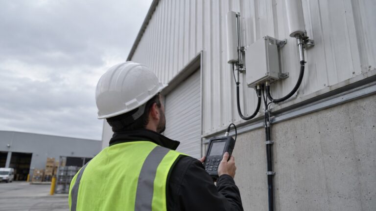 Field engineer measuring cellular signal beside an antenna and compact industrial router mounted near a warehouse wall.