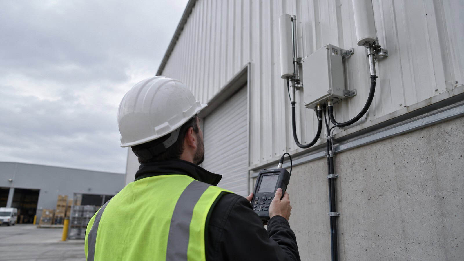 Field engineer measuring cellular signal beside an antenna and compact industrial router mounted near a warehouse wall.