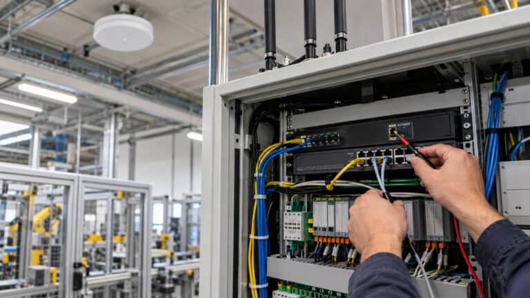 Engineer commissioning Ethernet, Wi-Fi and cellular uplinks in an industrial network cabinet with clearly separated cabling.