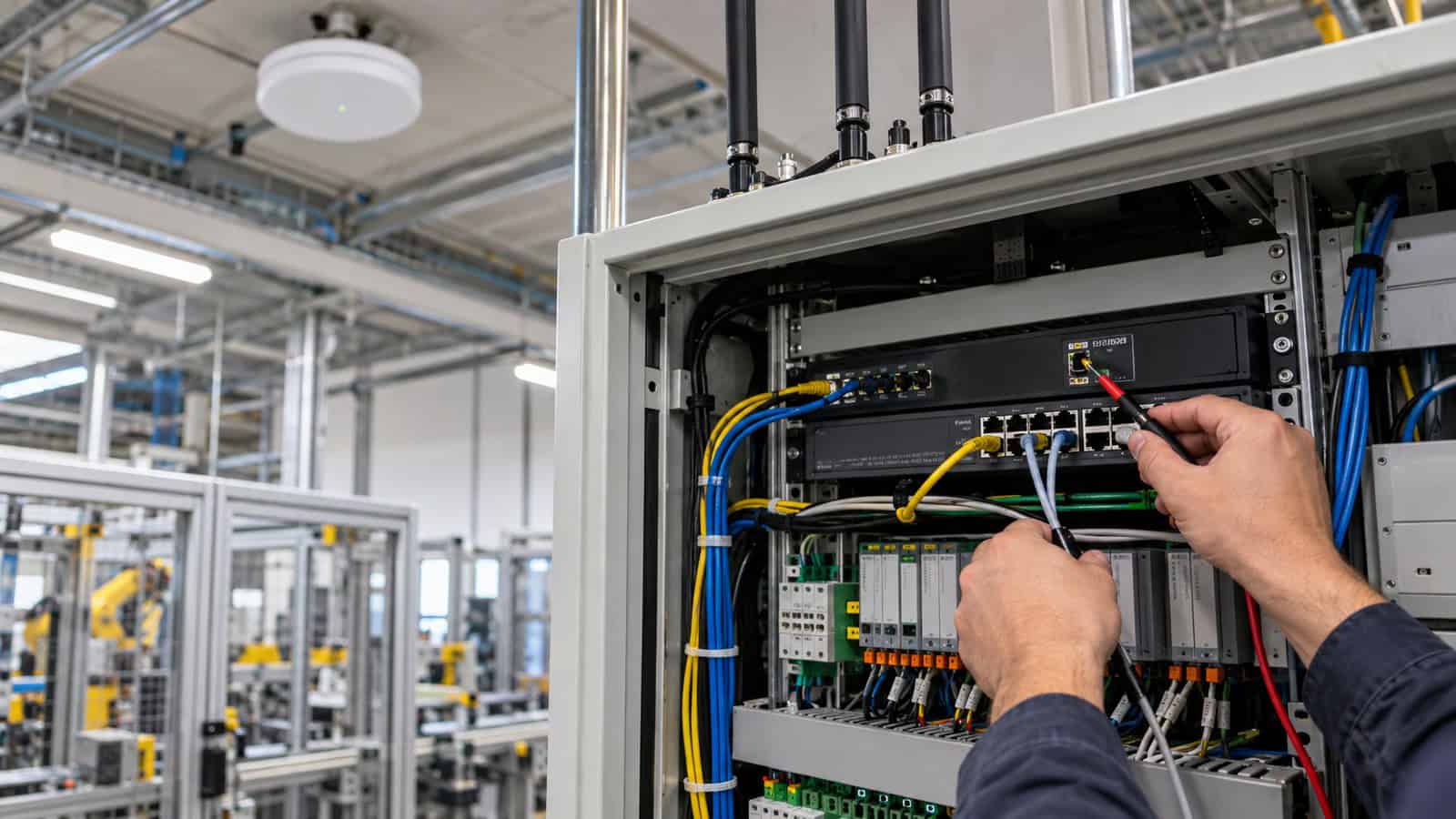 Engineer commissioning Ethernet, Wi-Fi and cellular uplinks in an industrial network cabinet with clearly separated cabling.