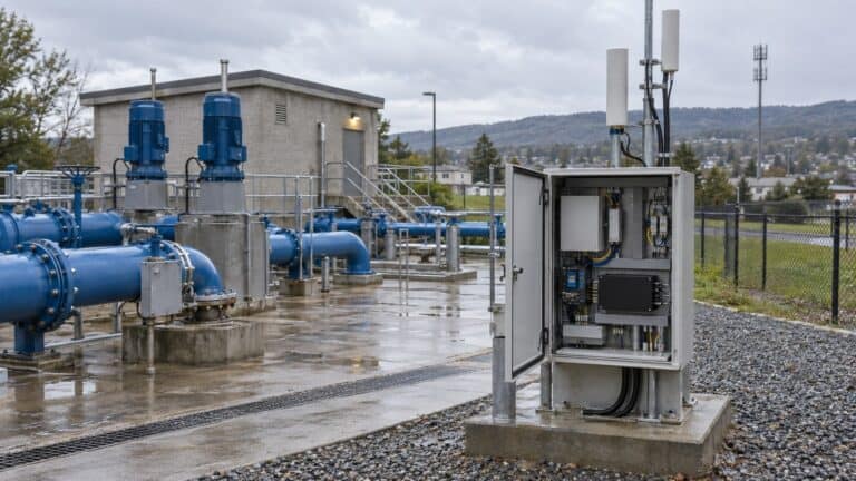 Overcast municipal water pumping station with an open industrial edge communications cabinet beside blue pipework.