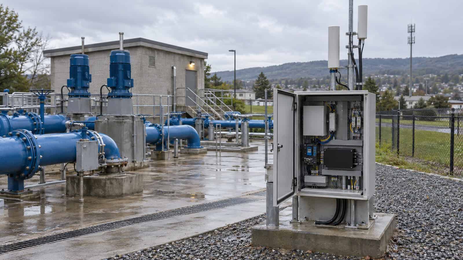 Overcast municipal water pumping station with an open industrial edge communications cabinet beside blue pipework.