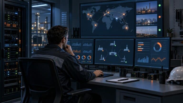 Operations engineer diagnosing containerised edge applications across several remote industrial sites from a secure workstation.