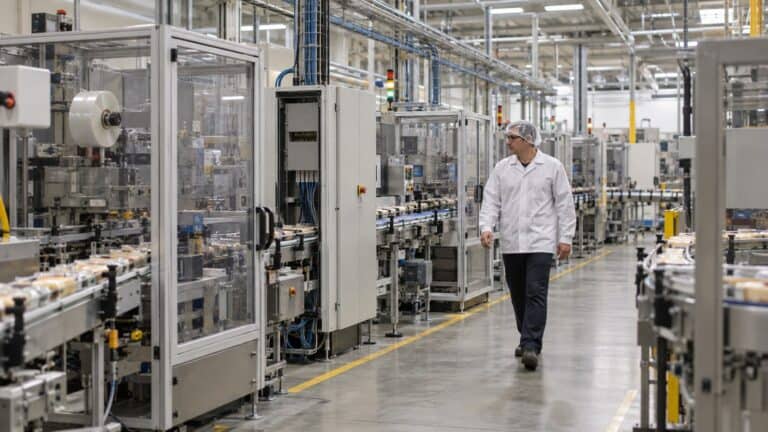 Packaging line with PLC cabinets and an industrial edge gateway collecting data from several machine cells.