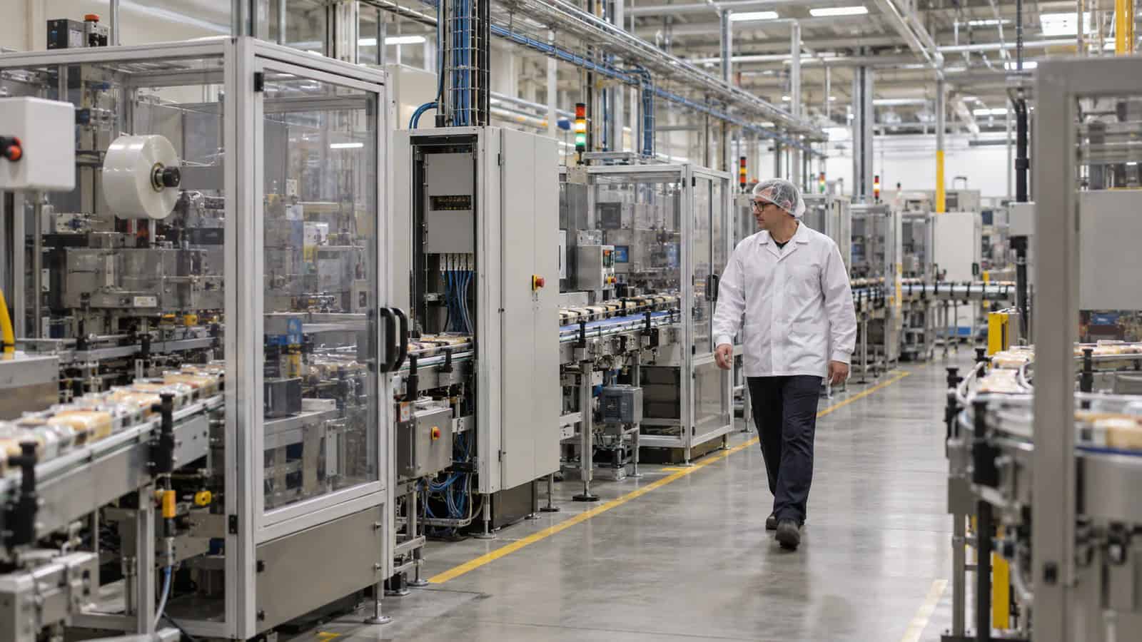 Packaging line with PLC cabinets and an industrial edge gateway collecting data from several machine cells.