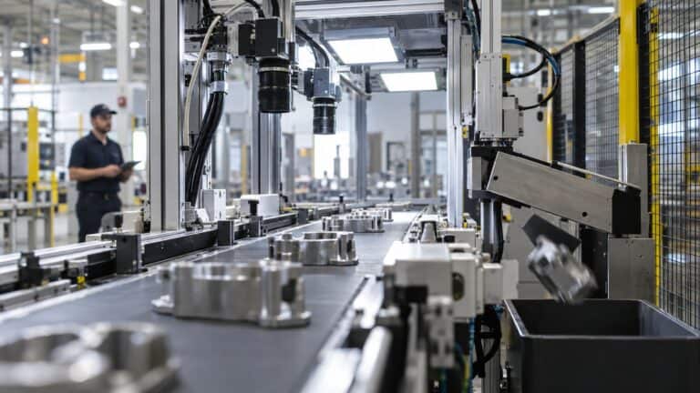 Industrial machine-vision inspection cell with fixed cameras, controlled lighting and a conveyor reject station.