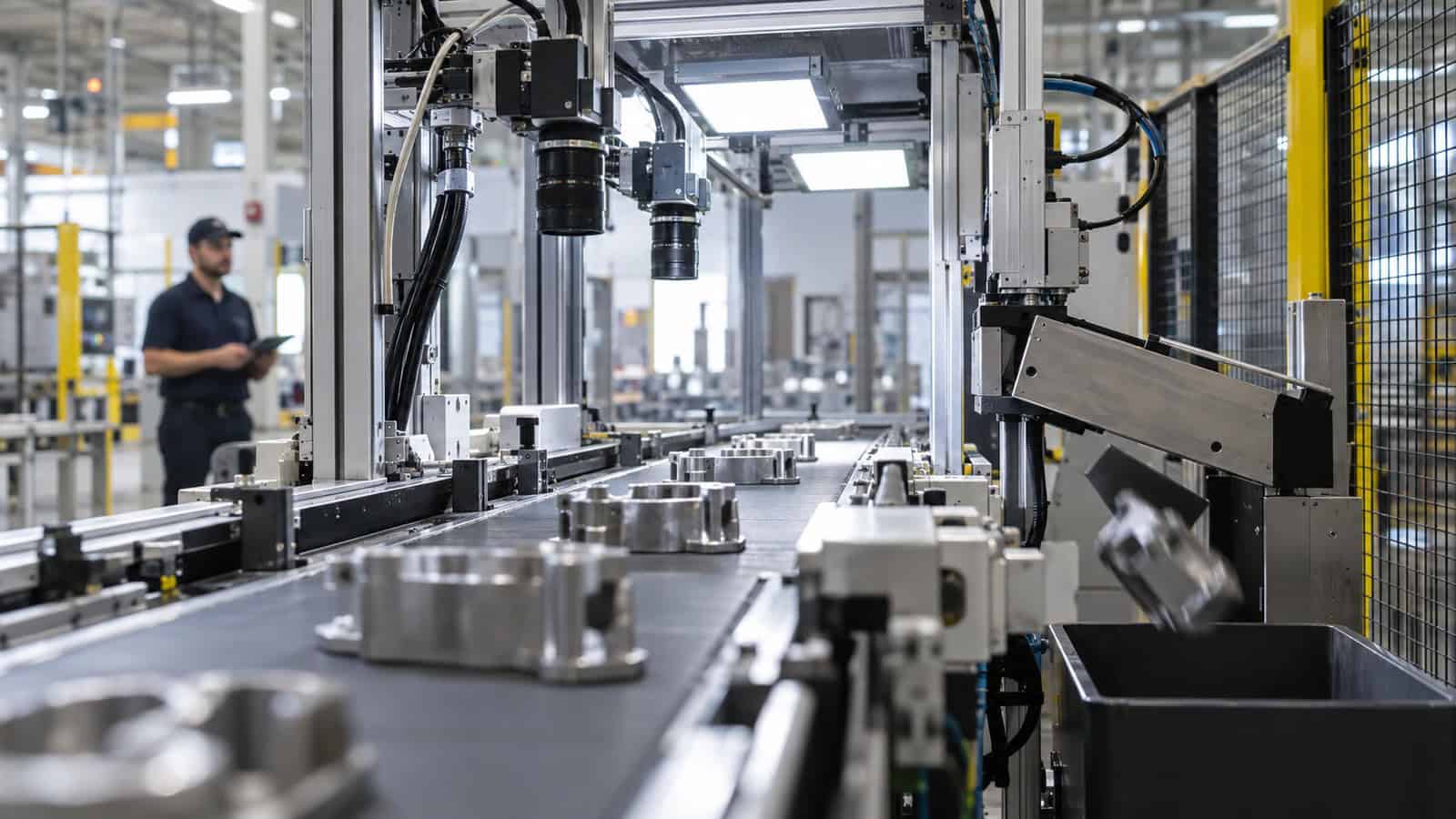 Industrial machine-vision inspection cell with fixed cameras, controlled lighting and a conveyor reject station.