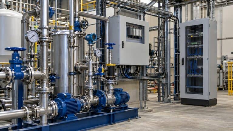 Industrial process skid with pumps, instruments, PLC cabinet and an edge gateway connected to plant networking.