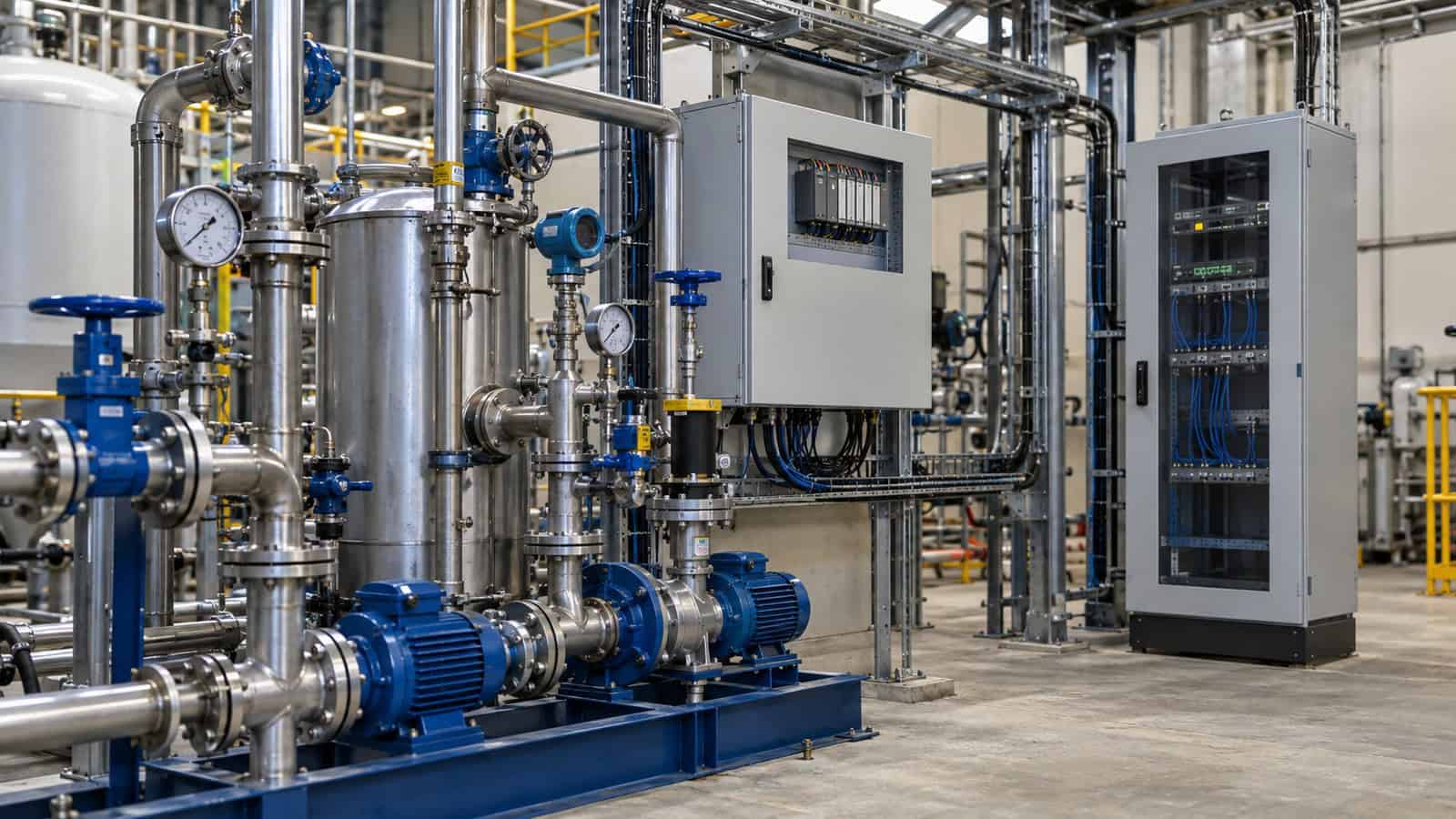 Industrial process skid with pumps, instruments, PLC cabinet and an edge gateway connected to plant networking.