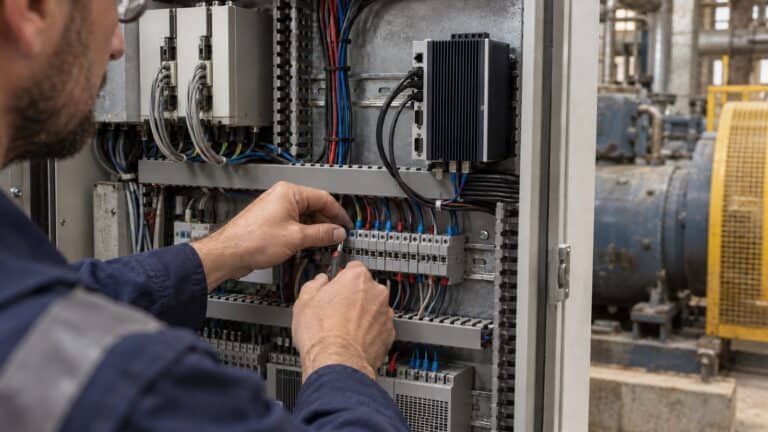 Technician terminating serial instruments and an edge computer inside a brownfield industrial control cabinet.