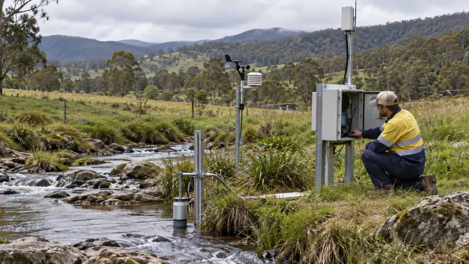 Field technician servicing a remote environmental monitoring enclosure beside a creek and weather sensors.