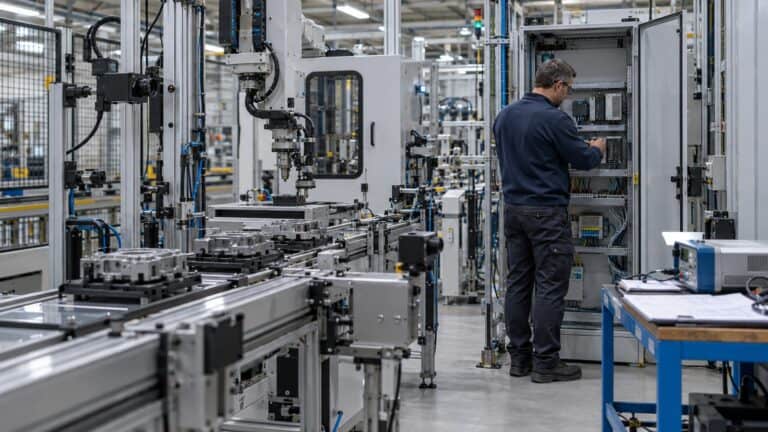 Automation engineer sizing edge computing hardware beside an industrial production cell.