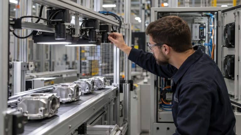 Engineer commissioning an edge AI machine vision system on an industrial inspection line.