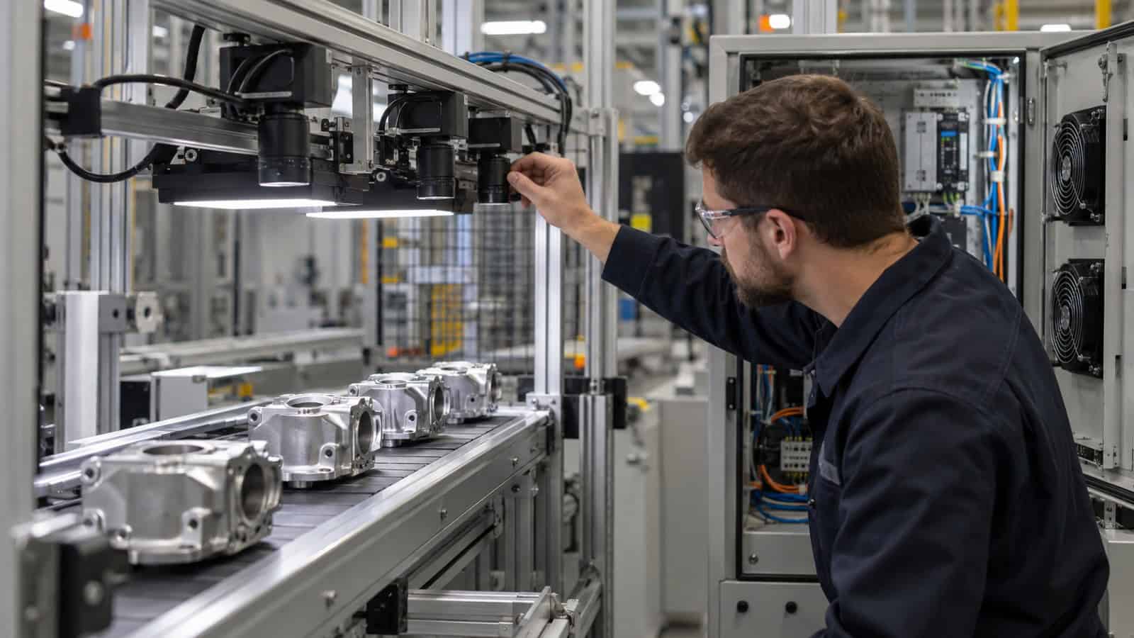 Engineer commissioning an edge AI machine vision system on an industrial inspection line.