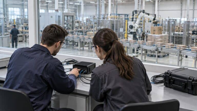Engineers testing a Linux edge gateway beside an automated packaging line.