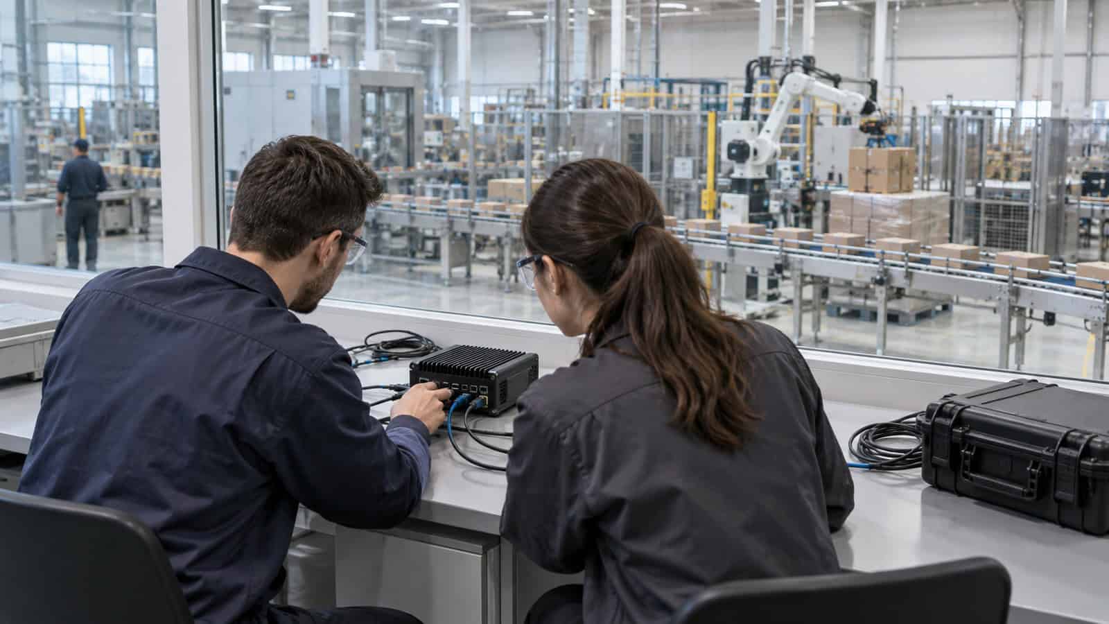 Engineers testing a Linux edge gateway beside an automated packaging line.