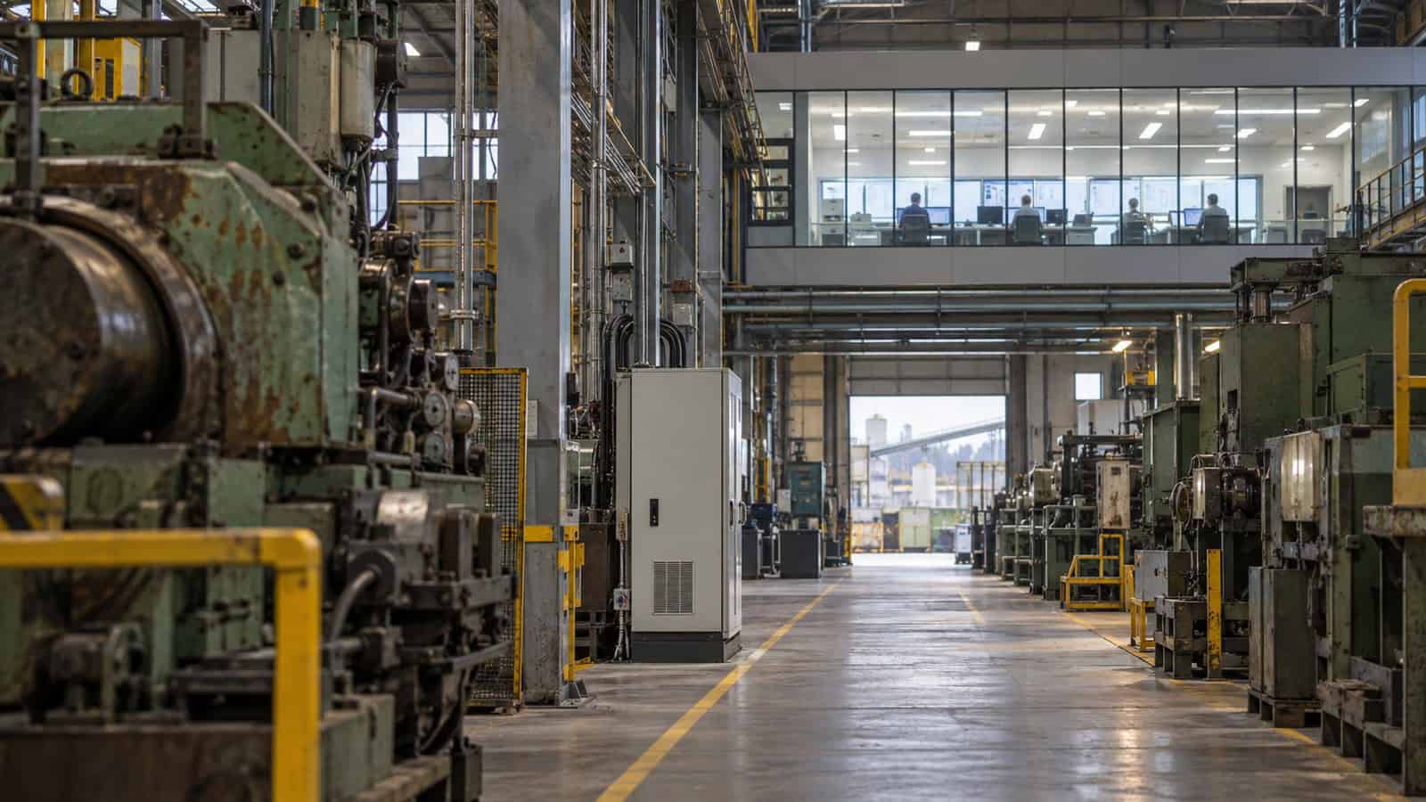 Industrial operations team reviewing cloud and edge workloads beside a brownfield production area.