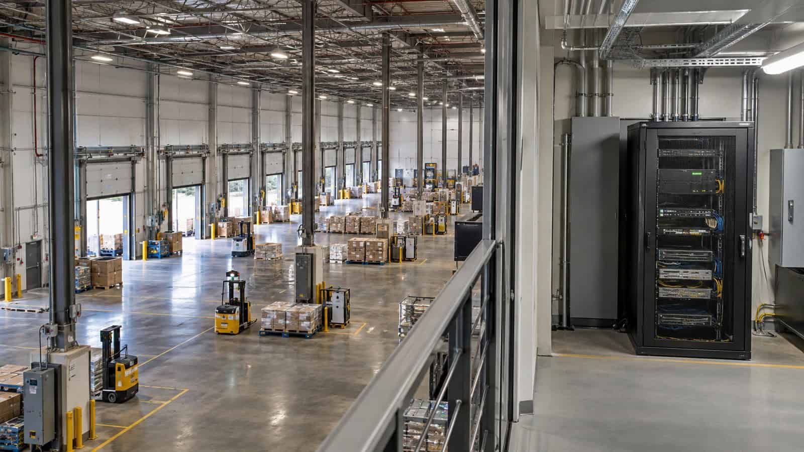 Industrial warehouse and local server room representing edge and fog computing layers.