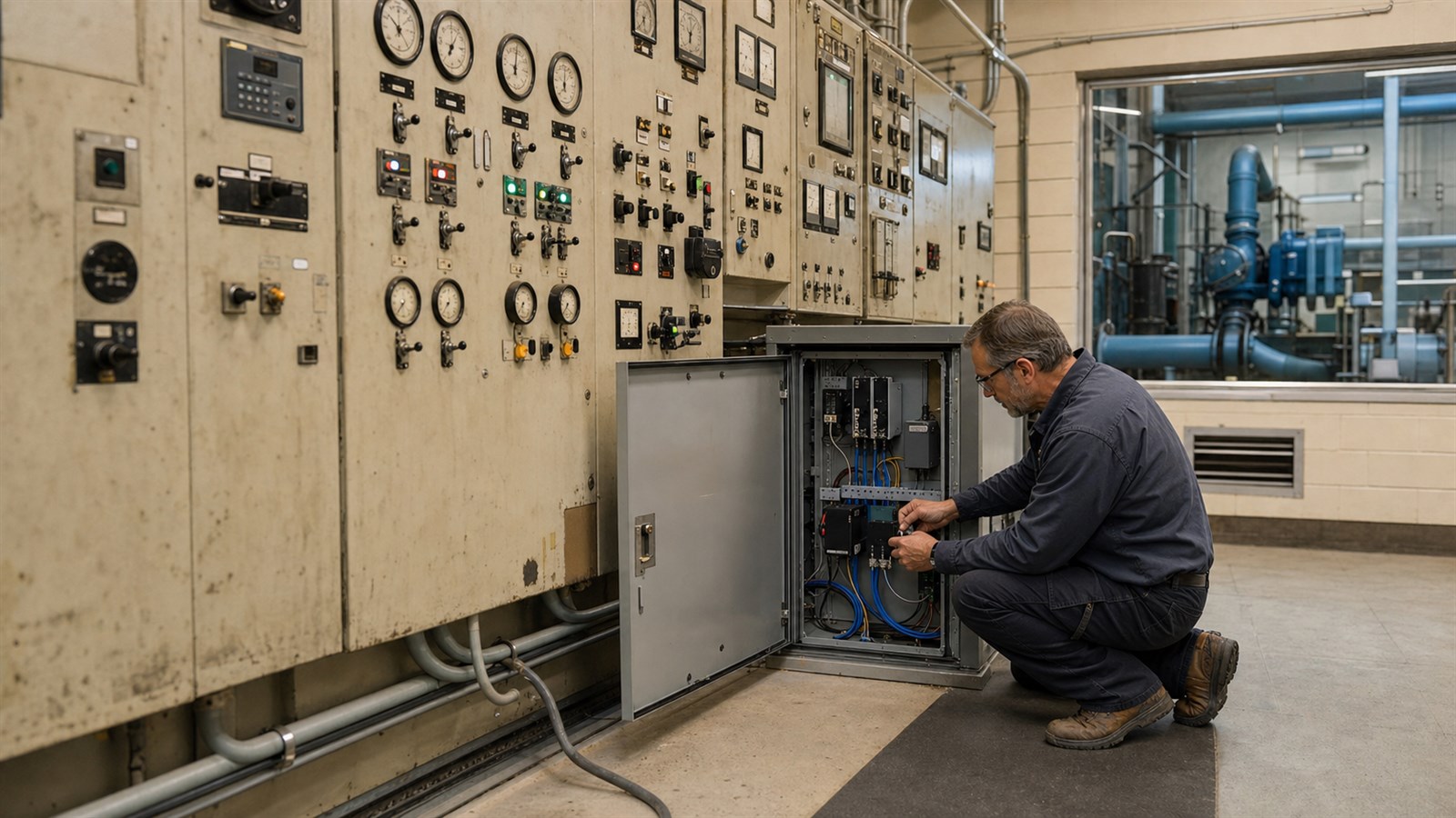 A technician wires a modernization cabinet beside an operating wall of legacy SCADA gauges in a water treatment plant.