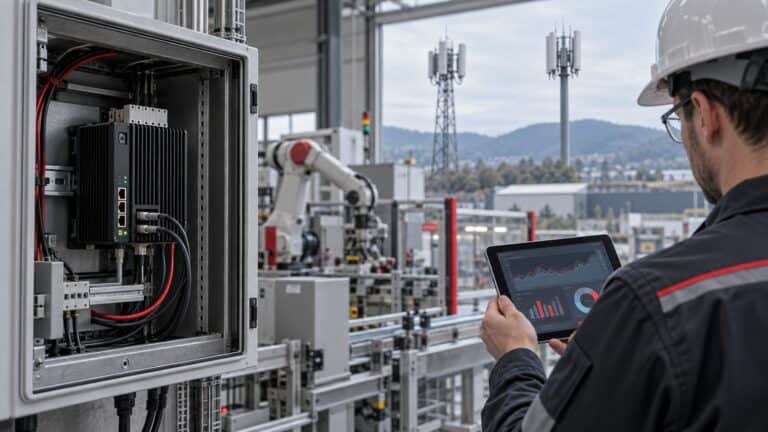 Engineer reviewing edge workload traffic beside an industrial gateway and cellular infrastructure.