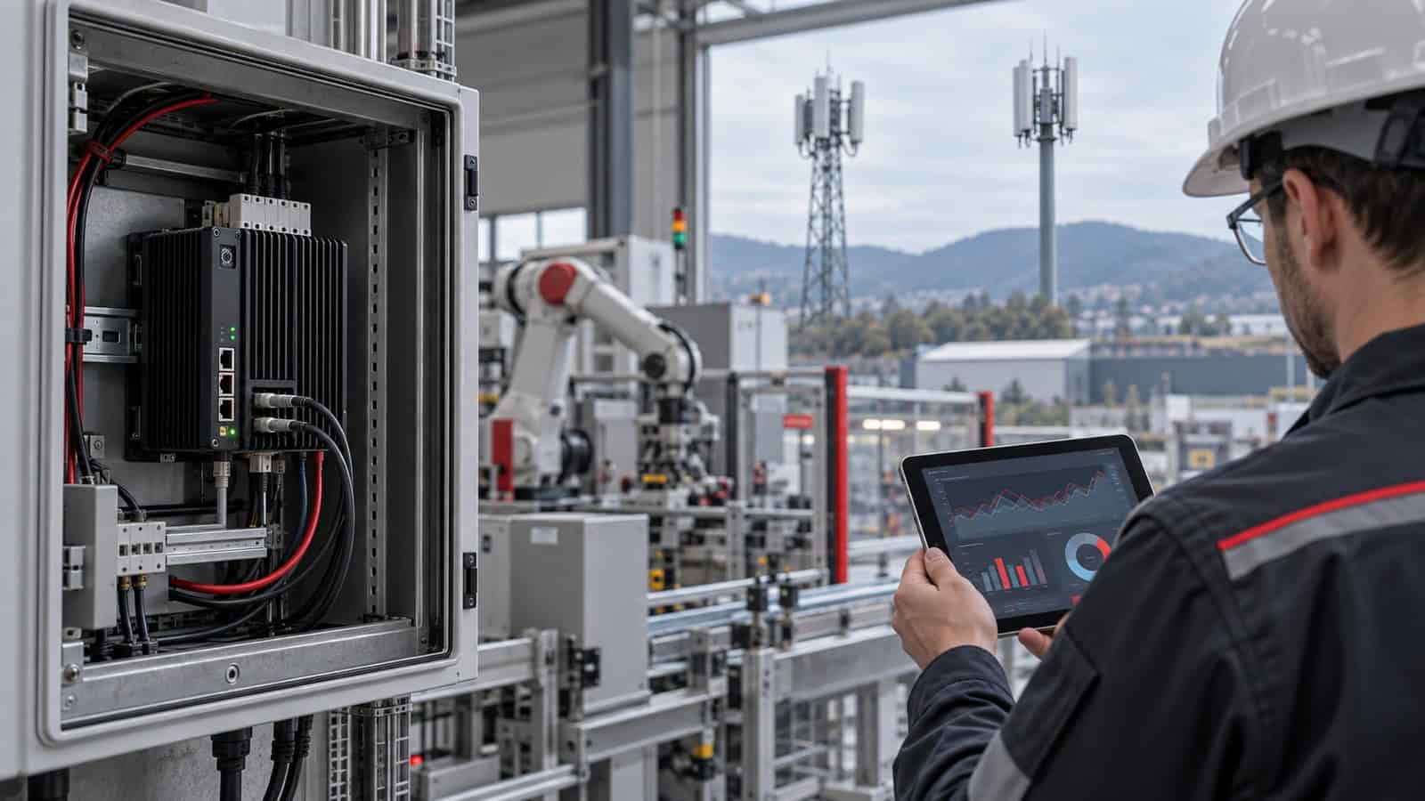 Engineer reviewing edge workload traffic beside an industrial gateway and cellular infrastructure.