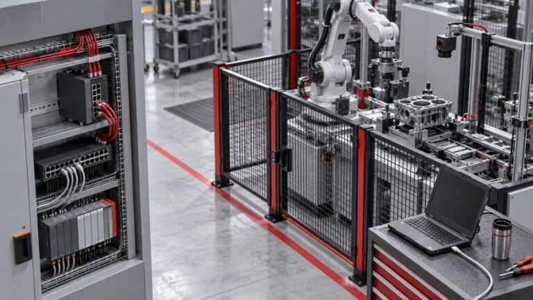 Factory cell using an edge gateway and managed Ethernet switch to connect machines and cameras.