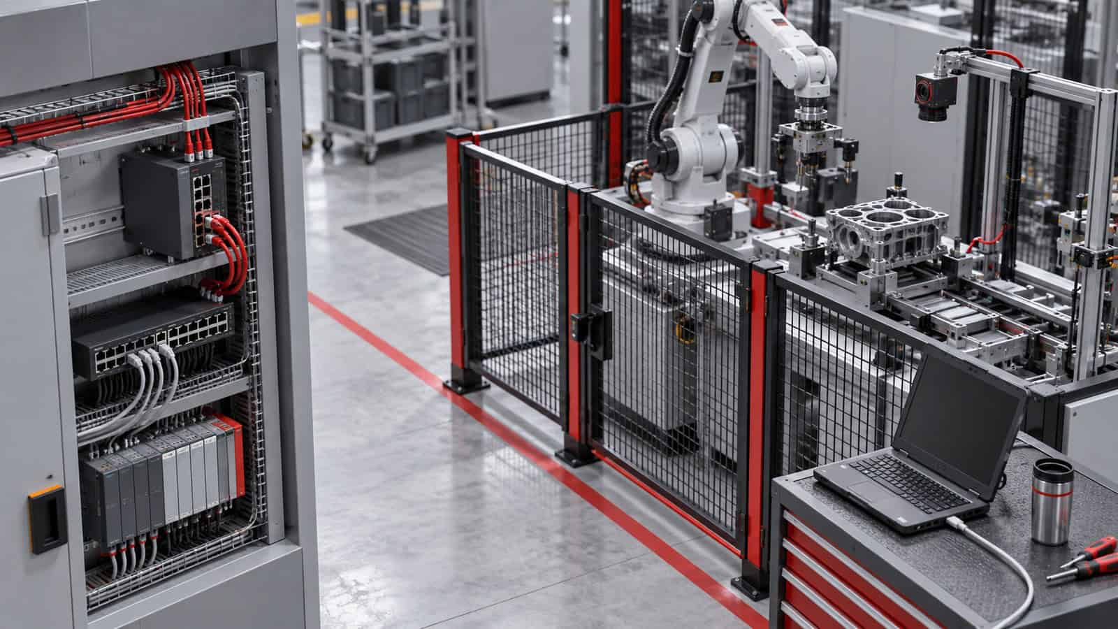 Factory cell using an edge gateway and managed Ethernet switch to connect machines and cameras.