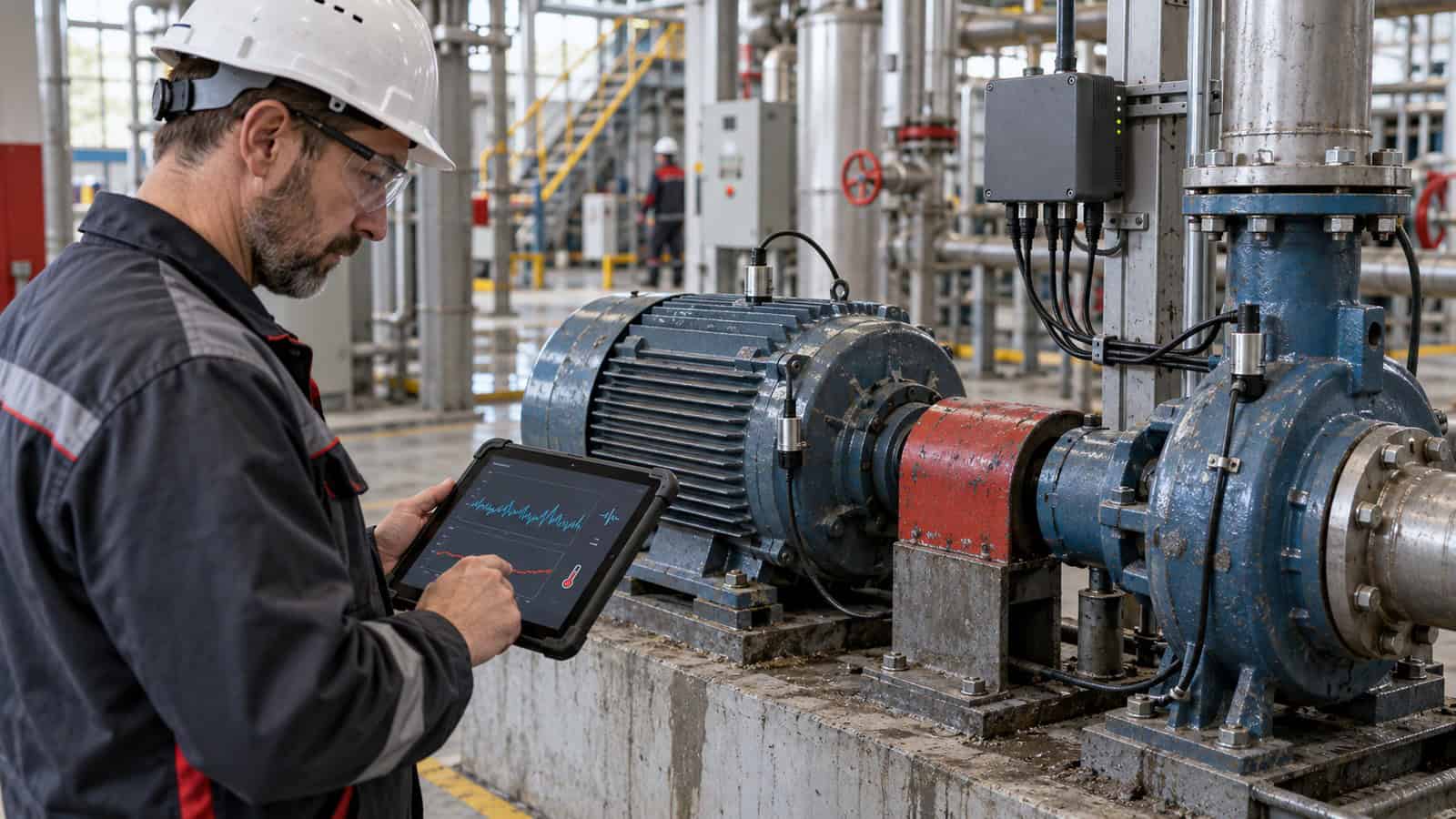 Maintenance engineer reviewing vibration and temperature trends beside a monitored motor and pump.