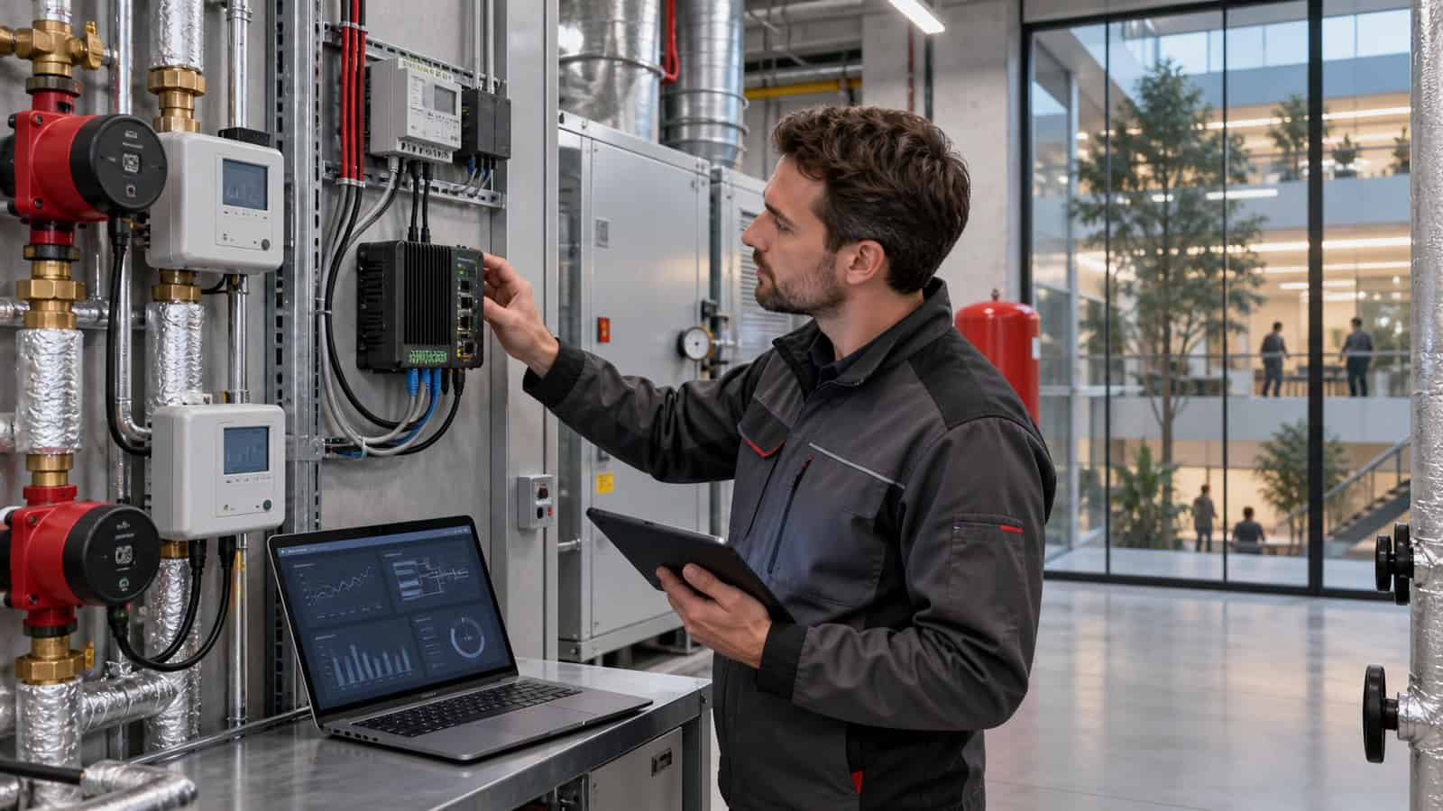 Building-services engineer inspecting an edge gateway among HVAC controllers, meters and plant equipment.